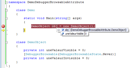 Exemple de comportement d'un attribut de classe décoré avec DebuggerBrowsable(DebuggerBrowsableState.Never)